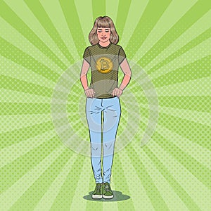 Pop Art Young Woman Wearing in T-shirt with Bitcoin Print. Crypto Currency Business
