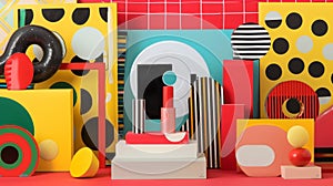 A pop artinspired take on a vinyl cover with bold graphic shapes and bright primary colors creating a playful and