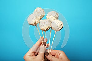 Pop cake background, sweet white chocolate candy