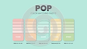 Pop color scheme. Color Trends combinations and palette guide. Example of table color shades in RGB and HEX. Color swatch for fash