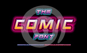 Pop comic alphabet. Neon light stunning font, Cartoon type for modern futuristic logo, glowing headline, comic book