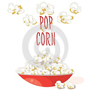 Pop Corn in a red bowl. Flat vector. Popcorn illustration, on white background