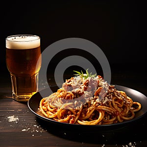 Pop-culture Infused Spaghetti With Ground Beef And A Glass Of Beer photo