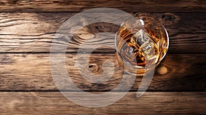 Pop-culture-infused Whiskey Glass On Wooden Surface In 32k Uhd Aerial View photo