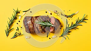 Pop-culture-inspired Luxury: Steak Flatlay On Yellow Background With Rosemary Sprigs photo