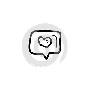 pop it notification with heart in speaking bubble in b lack isolated on white background. Hand drawn vector sketch