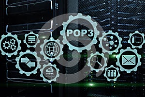 POP3. Post Office Protocol Version 3. Standard internet protocol on datacenter background