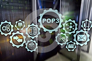 POP3. Post Office Protocol Version 3. Standard internet protocol on datacenter background.