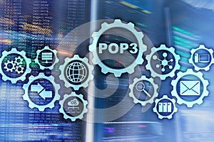 POP3. Post Office Protocol Version 3. Standard internet protocol on datacenter background