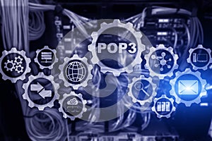POP3. Post Office Protocol Version 3. Standard internet protocol on datacenter background