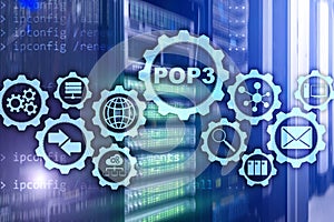 POP3. Post Office Protocol Version 3. Standard internet protocol on datacenter background.