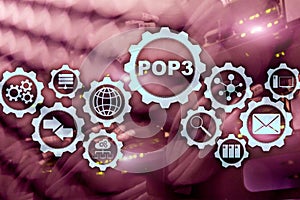 POP3. Post Office Protocol Version 3. Standard internet protocol on datacenter background.