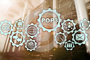 POP3. Post Office Protocol Version 3. Standard internet protocol on datacenter background.