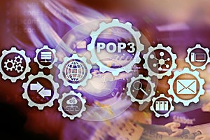 POP3. Post Office Protocol Version 3. Standard internet protocol on datacenter background.