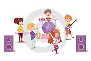 Pop rock band flat vector illustration. Young musicians, performers cartoon characters. Boys and girls groupe performing