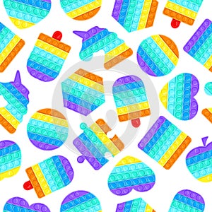 Pop it seamless pattern. Antistress pop it silicone bubbles toys texture, sensory rainbow vector background illustration