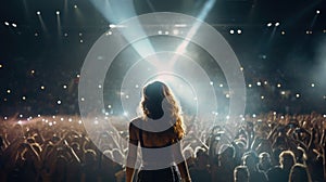 Pop singer woman at a crowded music concert on a stage