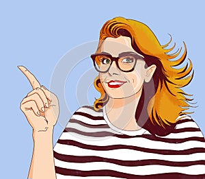 Pop style illustration of young hipster woman with glasses and pointing finger