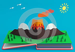 Pop Up Book With Mountainous Landscape And Active Volcano