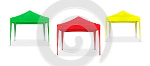 Pop-up canopy tent. Exhibition show pavilion. Outdoor gazebo. Event marquee. Color set. Green, red, yellow colours