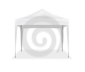 Pop-up canopy tent, realistic vector mock-up. Exhibition outdoor show pavilion, mockup. White event marquee, template for design