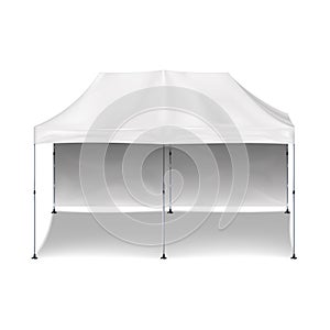 Pop-up gazebo with back wall realistic mock-up. White blank promotional canopy tent vector mockup. Foldable event marquee