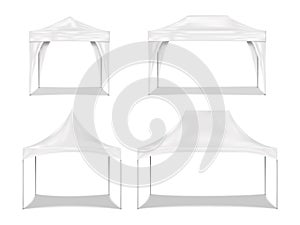 Pop-up gazebo. Realistic vector mockup set. Blank white canopy tent collection mock-up. Outdoor summer tradeshow booth template