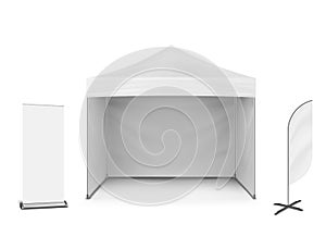 Pop-up marquee tent with event flag and roll-up banner stand, vector mockup. Exhibition set. Blank white template for business