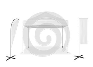 Pop-up mobile tent with event flags, vector mockup. Exhibition mock-up set. Blank white template for business branding design