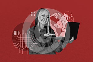 Pop zine full art photo collage of happy girl guy hold laptop phone artificial intelligence app programming gpt chat photo