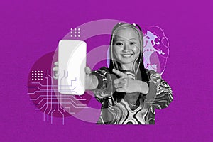 Pop zine full art photo collage of happy girl guy hold laptop phone artificial intelligence app programming gpt chat photo
