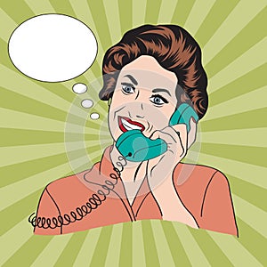 Popart comic retro woman talking by phone