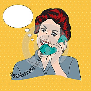 Popart comic retro woman talking by phone