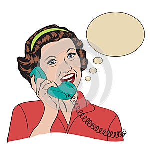 Popart comic retro woman talking by phone