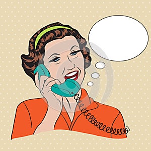 Popart comic retro woman talking by phone