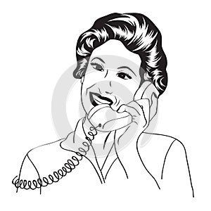 Popart comic retro woman talking by phone