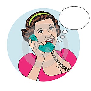 Popart comic retro woman talking by phone