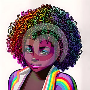 Popart Dark Skin Pretty Woman Beautiful Young Teen Girl With Rainbow Curly Hair