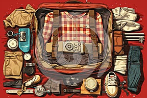 Popart illustration, background or vector of the inside of a traveller\'s bag. Knolling composition. Generative AI