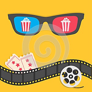 Popcorn. 3D glasses. Film strip border. Tickets. Pop corn. Red striped box. Reel. Cinema movie night icon set. Flat design. Yellow