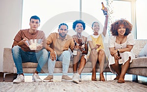 Popcorn, beer and friends watching tv in home living room, bonding and having fun together. Food, happy people and group