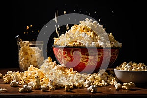 Popcorn in a bowl on a black background. Selective focus, Recreation artistic still life of popcorn opend and closed in a bowl