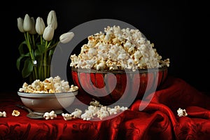 Popcorn in a bowl and white tulips on a dark background, Recreation artistic still life of popcorn opend and closed in a bowl