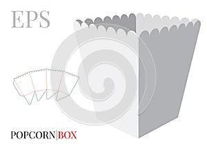 Popcorn Box Template. Vector with die cut / laser cut layers. Self Lock Packaging. White, clear, blank, isolated Popcorn Box photo
