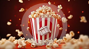 popcorn box with flying popcorn, AI Generated