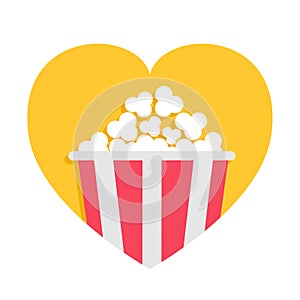 Popcorn box icon. Red yellow strip. Heart shape. I love movie cinema night. Tasty food. Flat design style. White background.