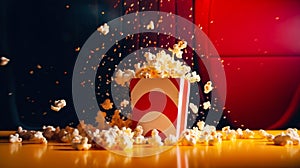 Popcorn in a box on a movie theater red background. Generative AI