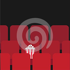 Popcorn box on red seat. Movie theater hall. Film show Cinema background. Flat design