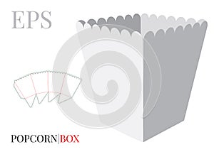 Popcorn Box Template. Vector with die cut / laser cut layers. Self Lock Packaging. White, clear, blank, isolated Popcorn Box