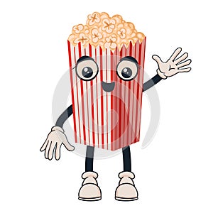 Popcorn bucket funny mascot. Cartoon popping corn cute character with emotions, arms and legs flat vector illustration